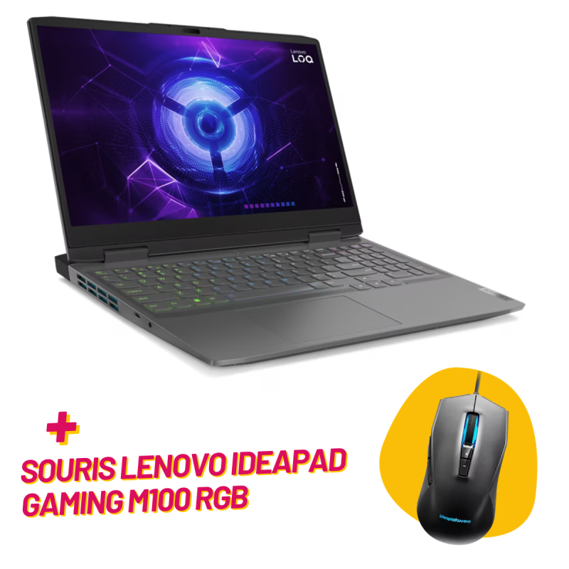 PC portable Lenovo LOQ 15APH8 / Ryzen 7 7840H / RTX 3050 6G / 24 Go / Gris Avec Souris RVB Lenovo LOQ M100