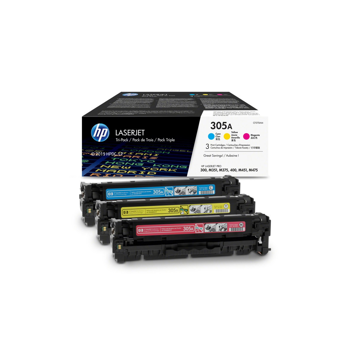 Pack de 3 toners HP 305A LaserJet cyan/magenta/jaune authentiques