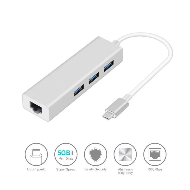 Adaptateur Hub USB TYPE C Mâle convertisseur vers 3 Ports USB 3.0 et RJ45 Gigabit Ethernet (10/100/1000M) pour MacBook